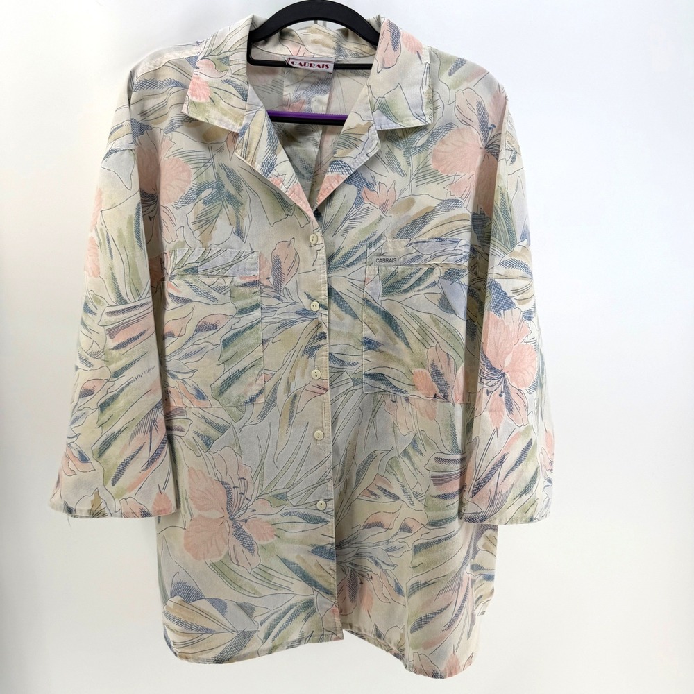 Cabrais Shirt Women XL Pastel Tropical Floral 3/4 Sleeve Relaxed Coastal Grandma